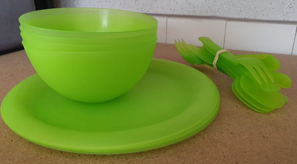 Plastic plates, bowls and cutlery