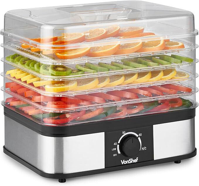 VonShef Food Dehydrator 5 Tier – Fruit Dryer 250W with Adjustable Temperature Control from 40-70°C, Removable Trays, for Jerky, Meat, Fruit, Vegetables and Healthy Snacks – Stainless Steel