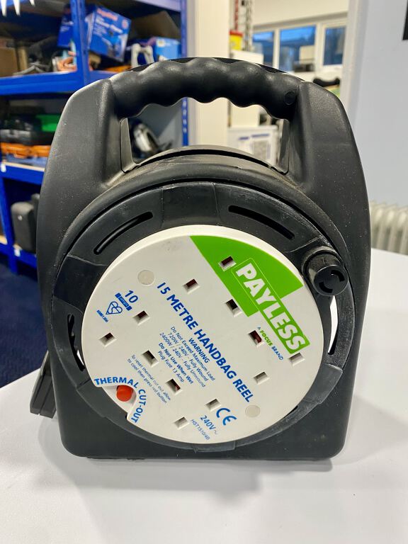 15 metre extension Power cable by Payless. 4 Sockets to front of reel